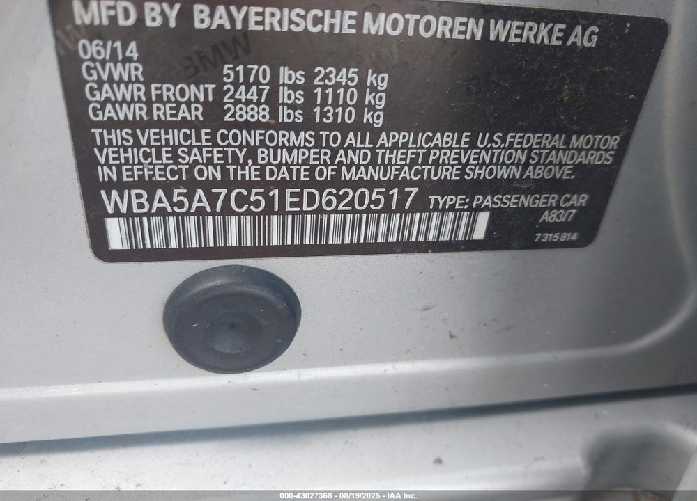 2014 BMW 528I XDRIVE VIN: WBA5A7C51ED620517