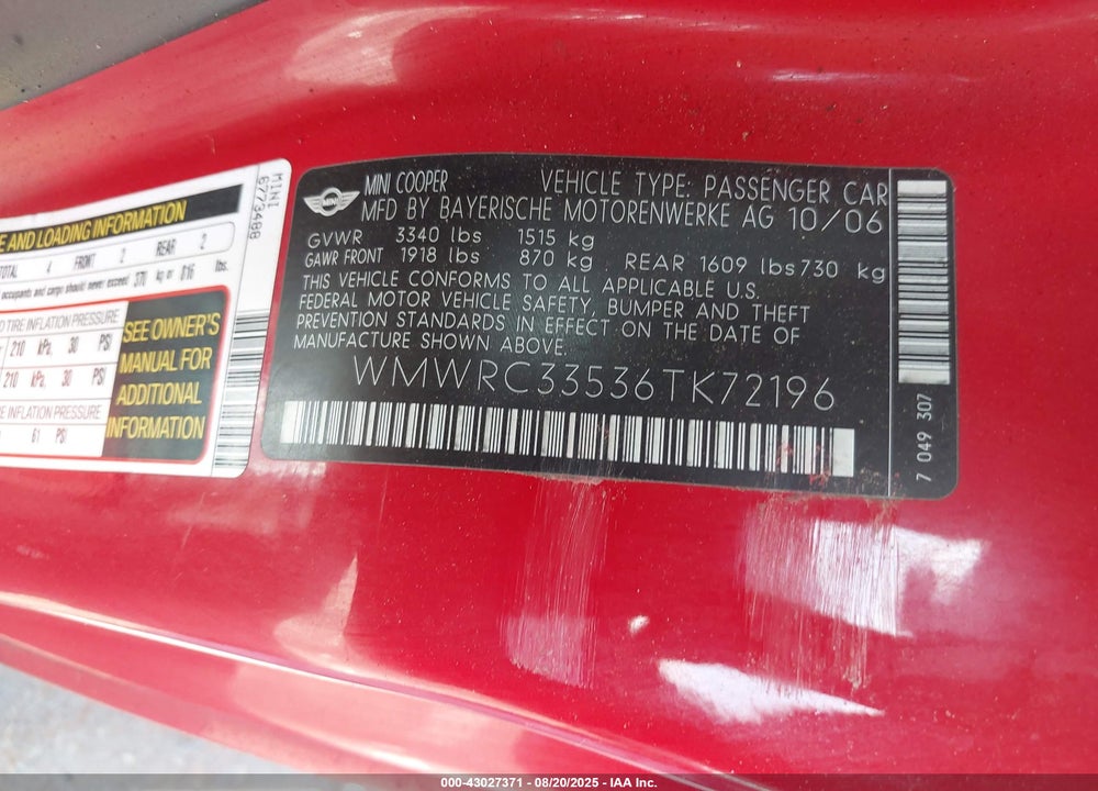 2006 MINI COOPER VIN: WMWRC33536TK72196