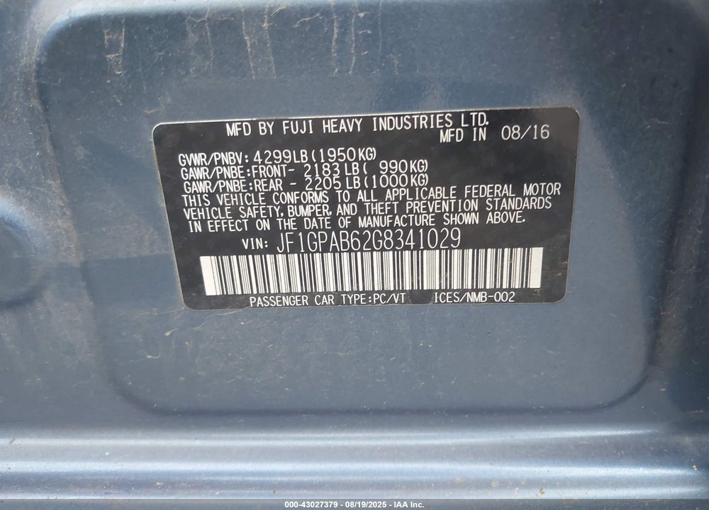 2016 SUBARU IMPREZA VIN: JF1GPAB62G8341029