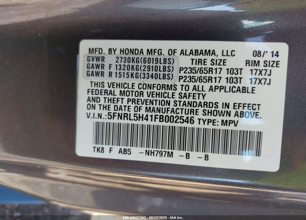 2015 HONDA ODYSSEY EX VIN: 5FNRL5H41FB002546