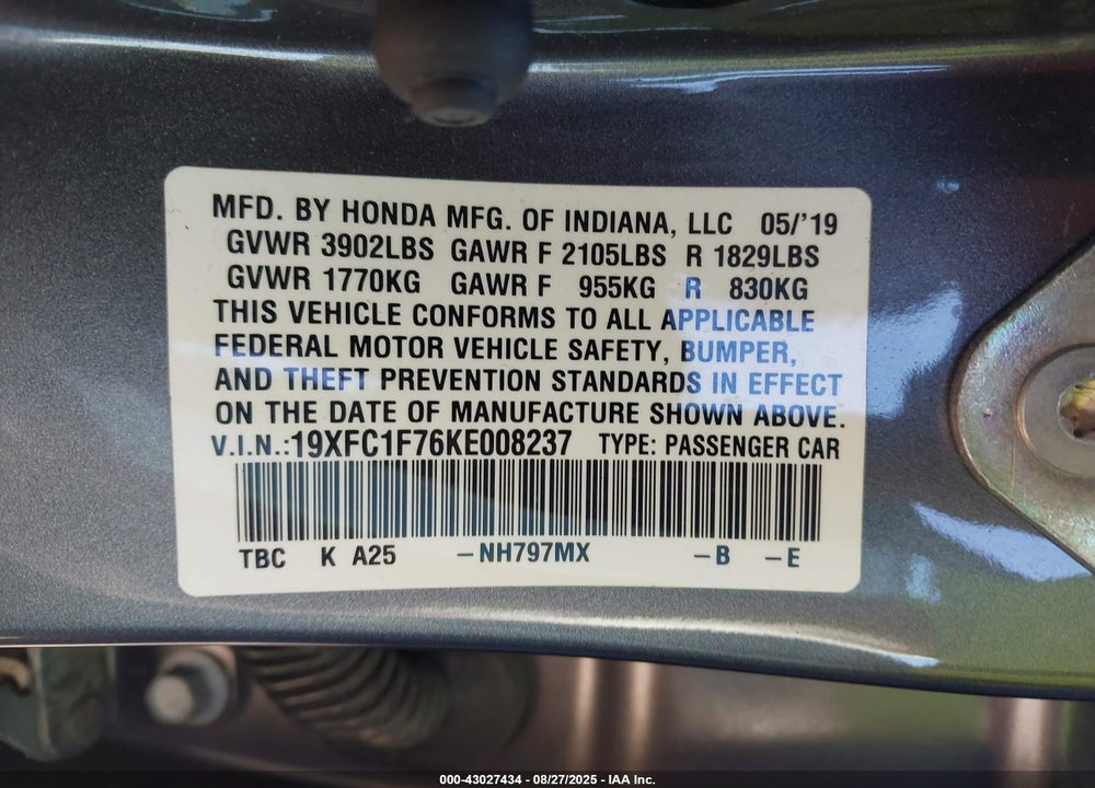 2019 HONDA CIVIC VIN: 19XFC1F76KE008237