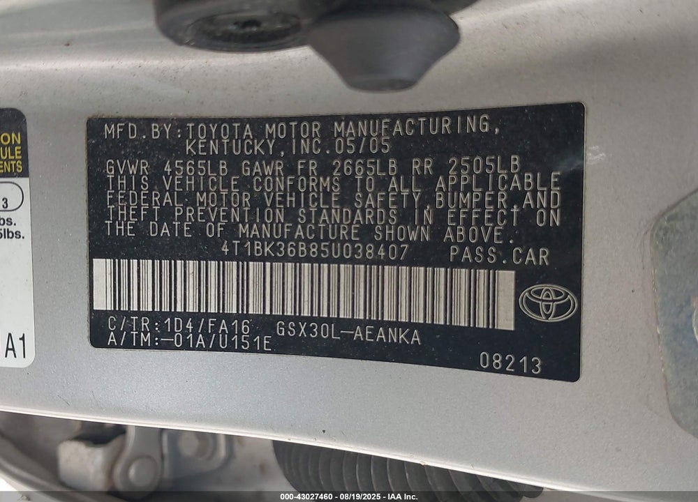 2005 TOYOTA AVALON XL VIN: 4T1BK36B85U038407