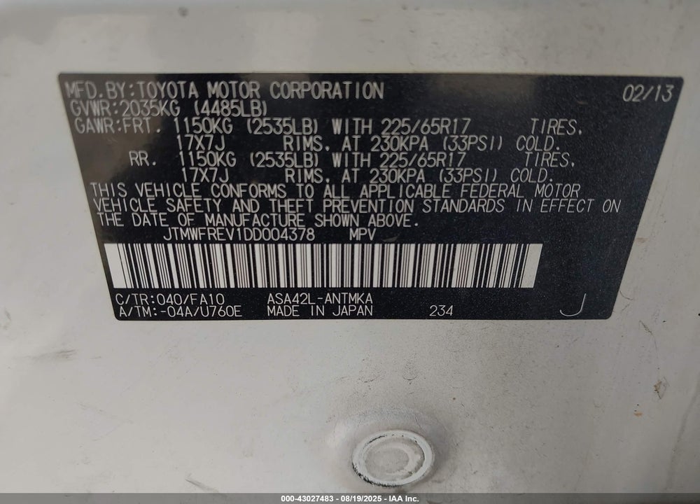 2013 TOYOTA RAV4 VIN: JTMWFREV1DD004378