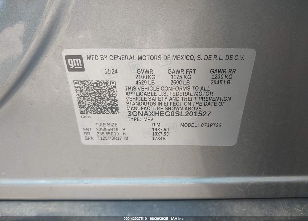 2025 CHEVROLET EQUINOX VIN: 3GNAXHEG0SL201527