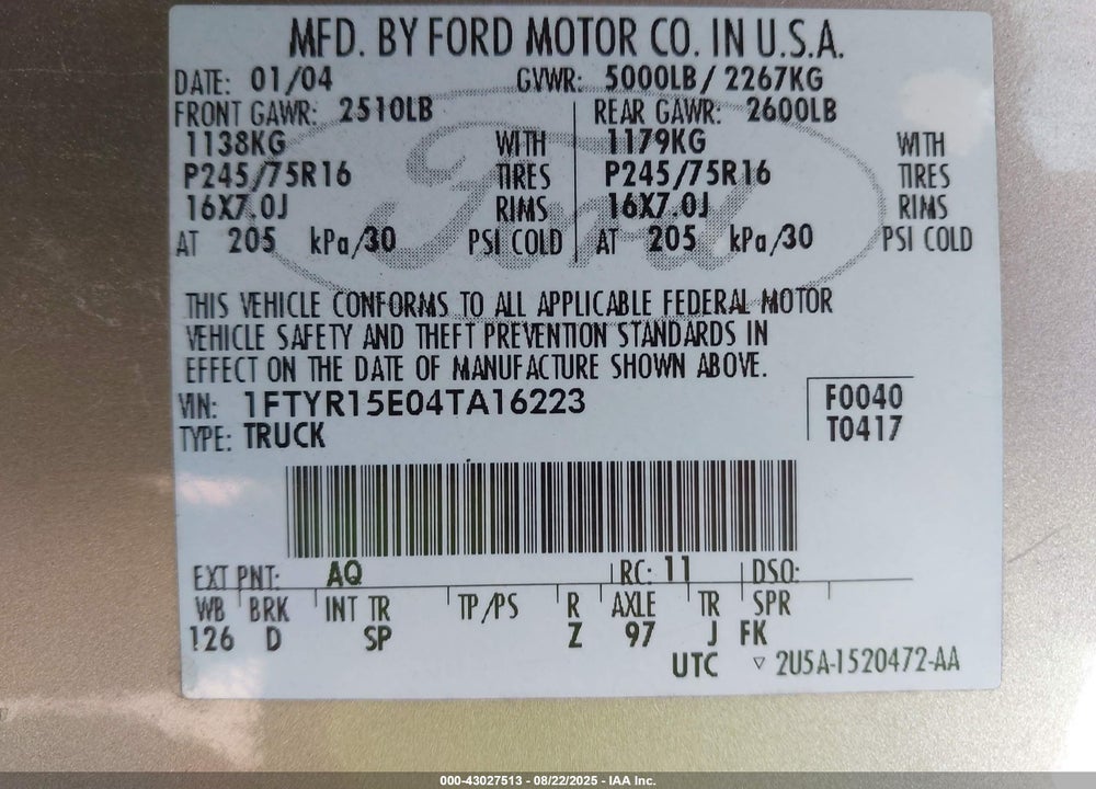 2004 FORD RANGER XLT VIN: 1FTYR15E04TA16223
