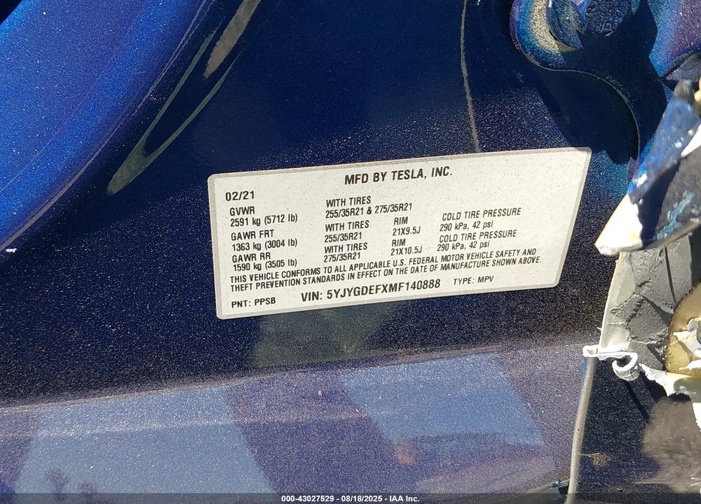 2021 TESLA MODEL Y PERFORMANCE DUAL MOTOR ALL-WHEEL DRIVE VIN: 5YJYGDEFXMF140888