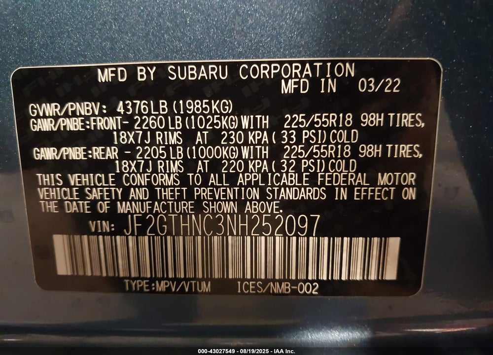 2022 SUBARU CROSSTREK VIN: JF2GTHNC3NH252097