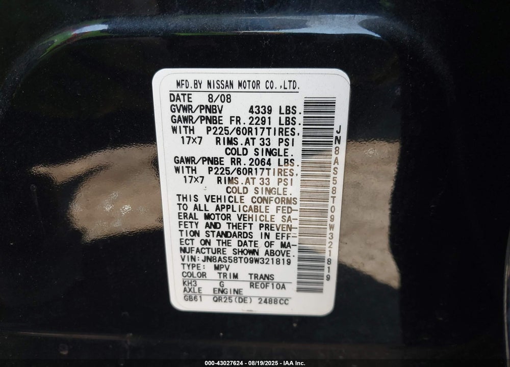2009 NISSAN ROGUE VIN: JN8AS58T09W321819