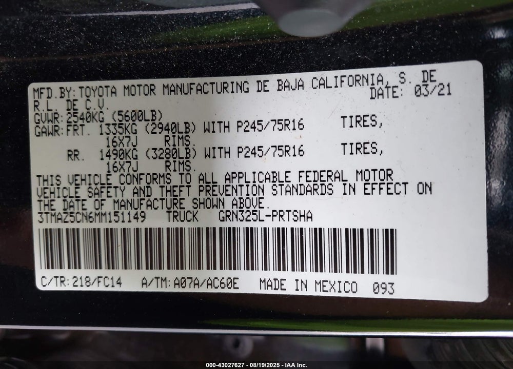 2021 TOYOTA TACOMA VIN: 3TMAZ5CN6MM151149