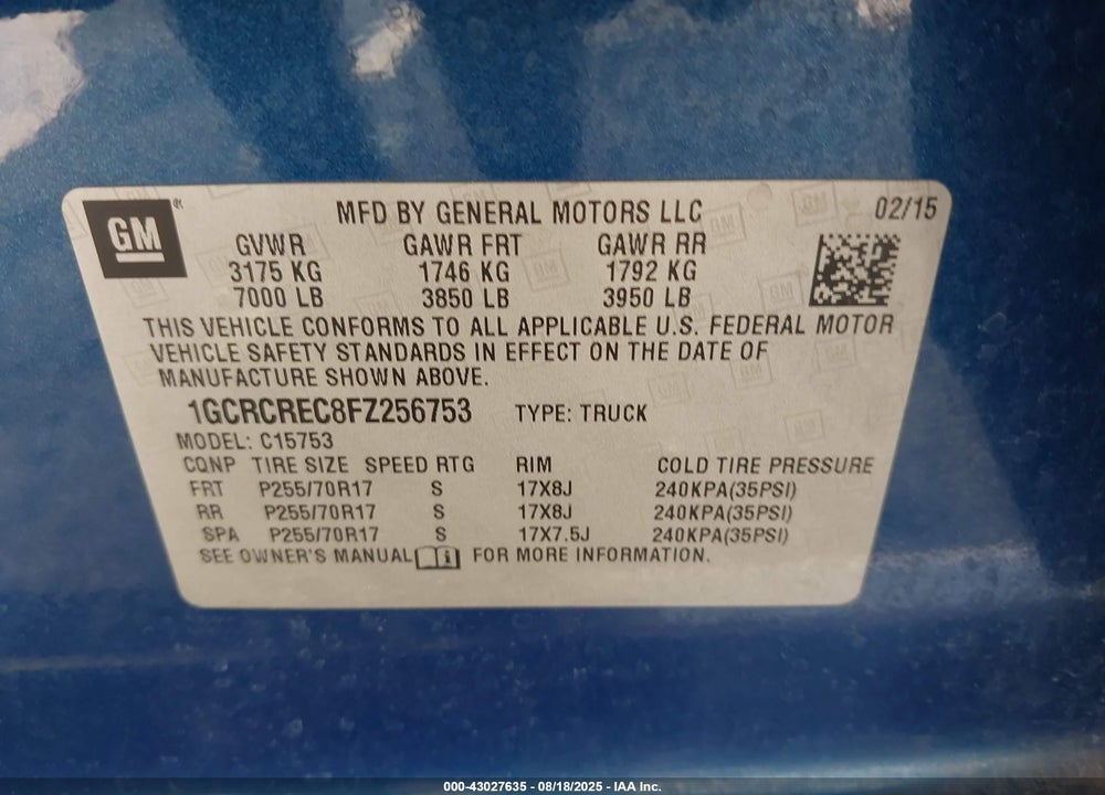 2015 CHEVROLET SILVERADO 1500 VIN: 1GCRCREC8FZ256753