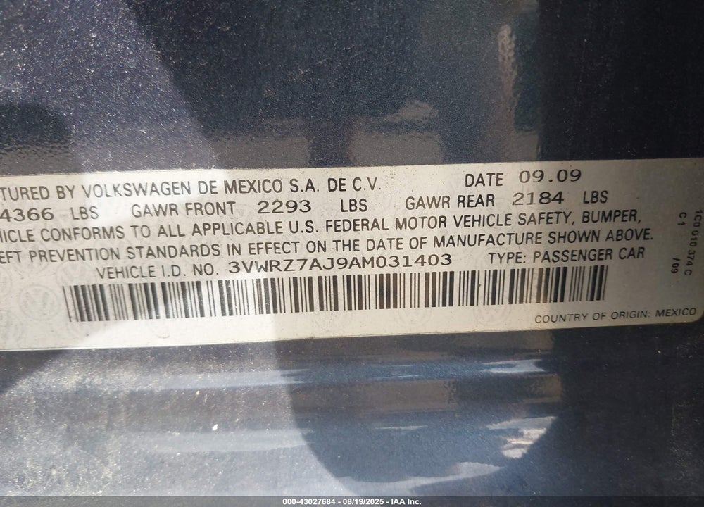 2010 VOLKSWAGEN JETTA VIN: 3VWRZ7AJ9AM031403