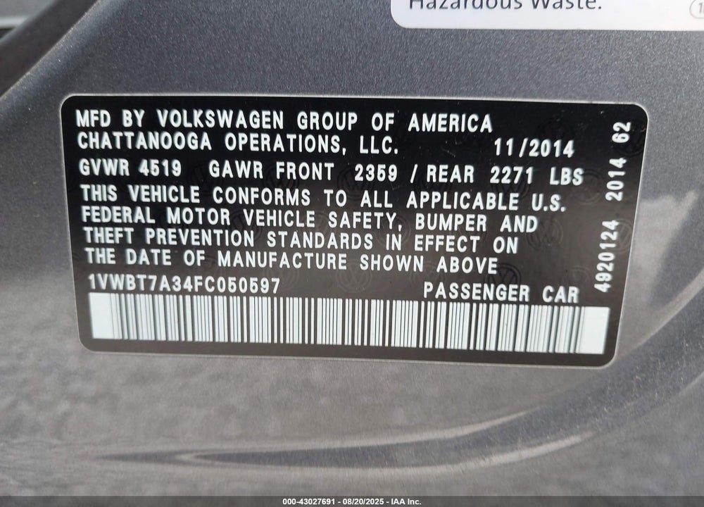 2015 VOLKSWAGEN PASSAT VIN: 1VWBT7A34FC050597