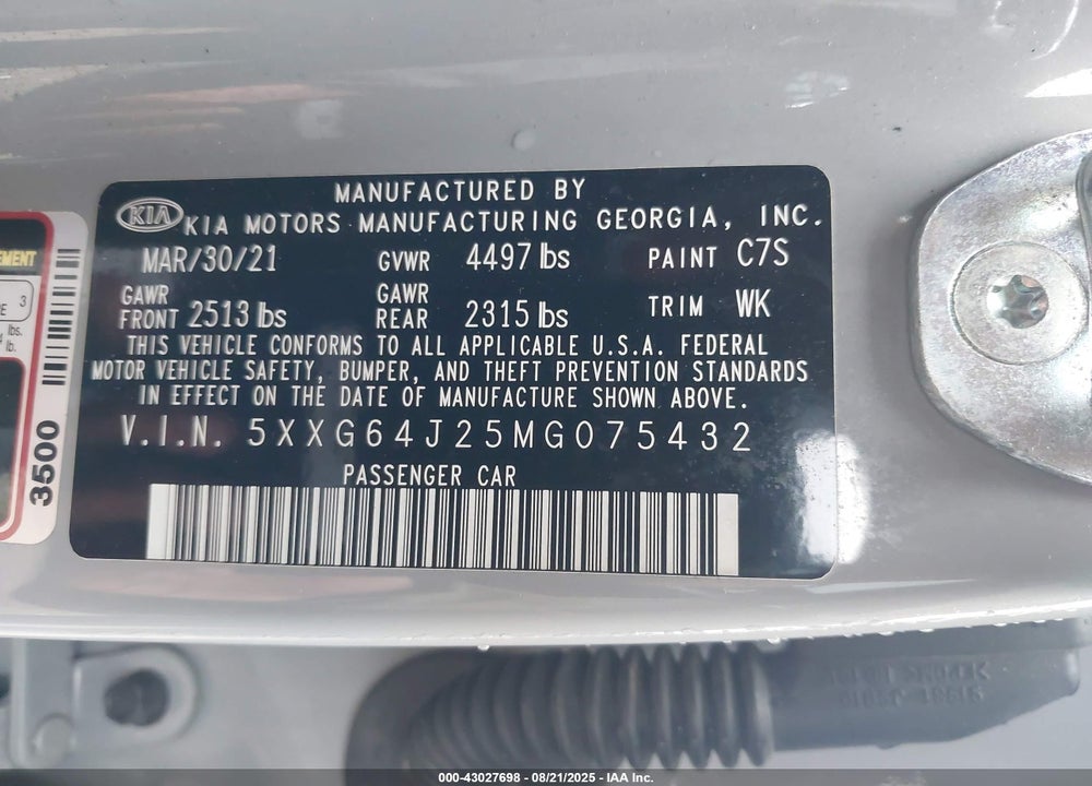 2021 KIA K5 VIN: 5XXG64J25MG075432