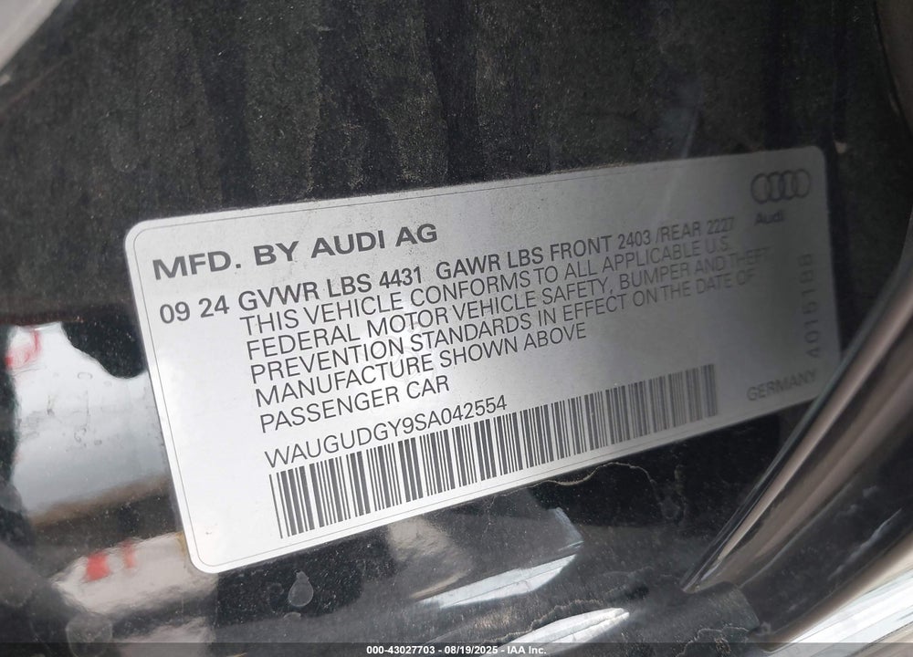2025 AUDI A3 VIN: WAUGUDGY9SA042554