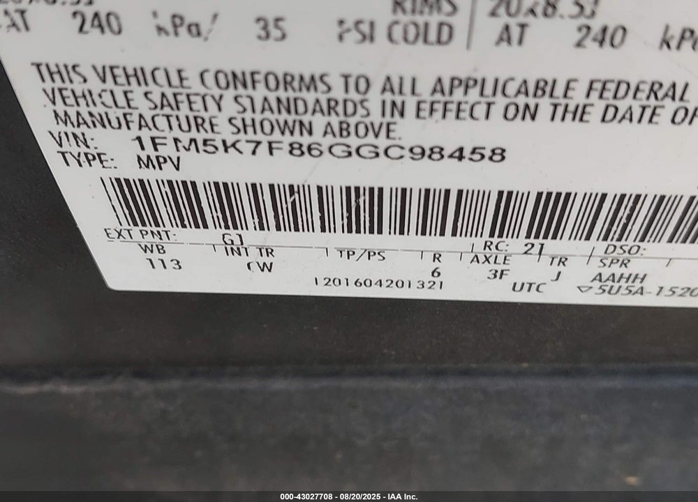 2016 FORD EXPLORER VIN: 1FM5K7F86GGC98458
