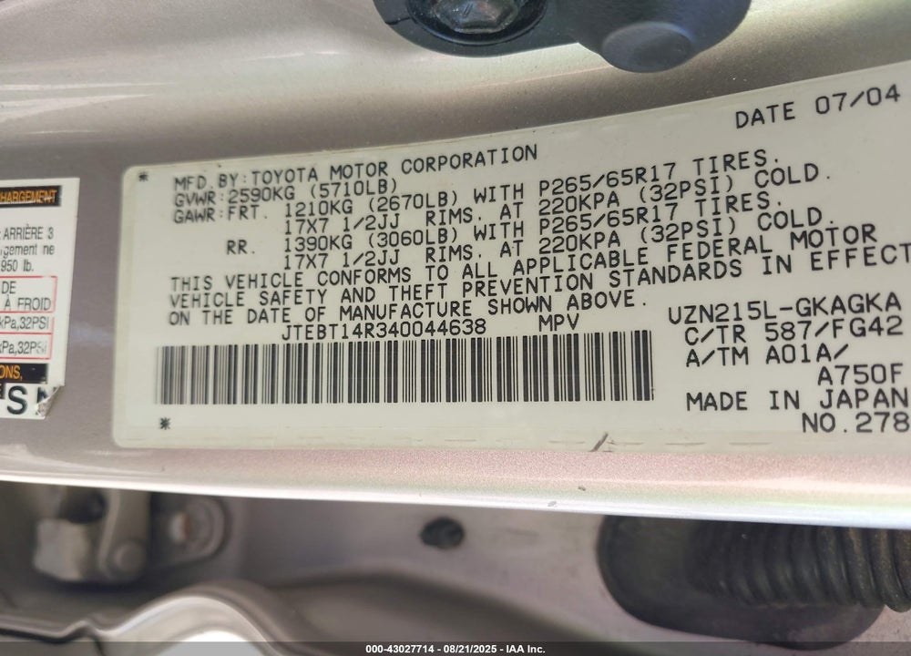 2004 TOYOTA 4RUNNER SR5 V8 VIN: JTEBT14R340044638