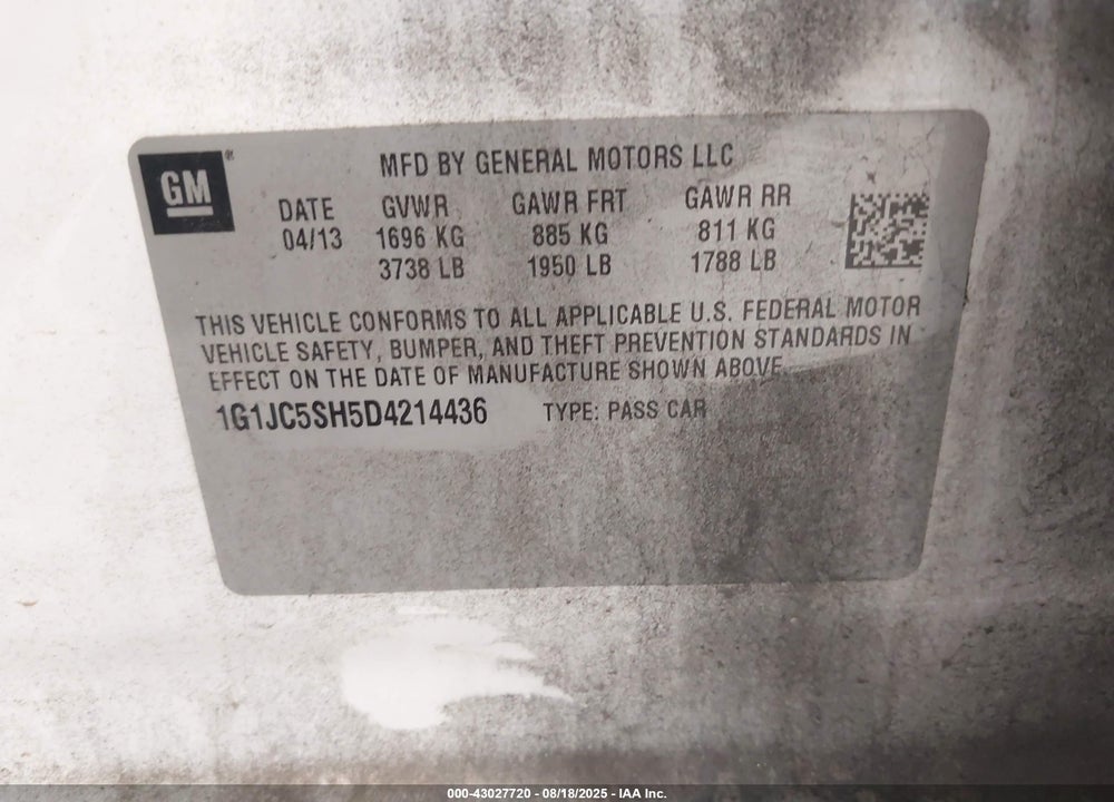 2013 CHEVROLET SONIC VIN: 1G1JC5SH5D4214436