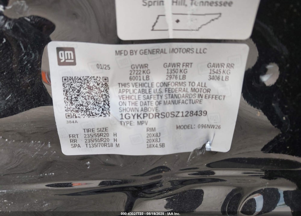2025 CADILLAC XT6 VIN: 1GYKPDRS0SZ128439