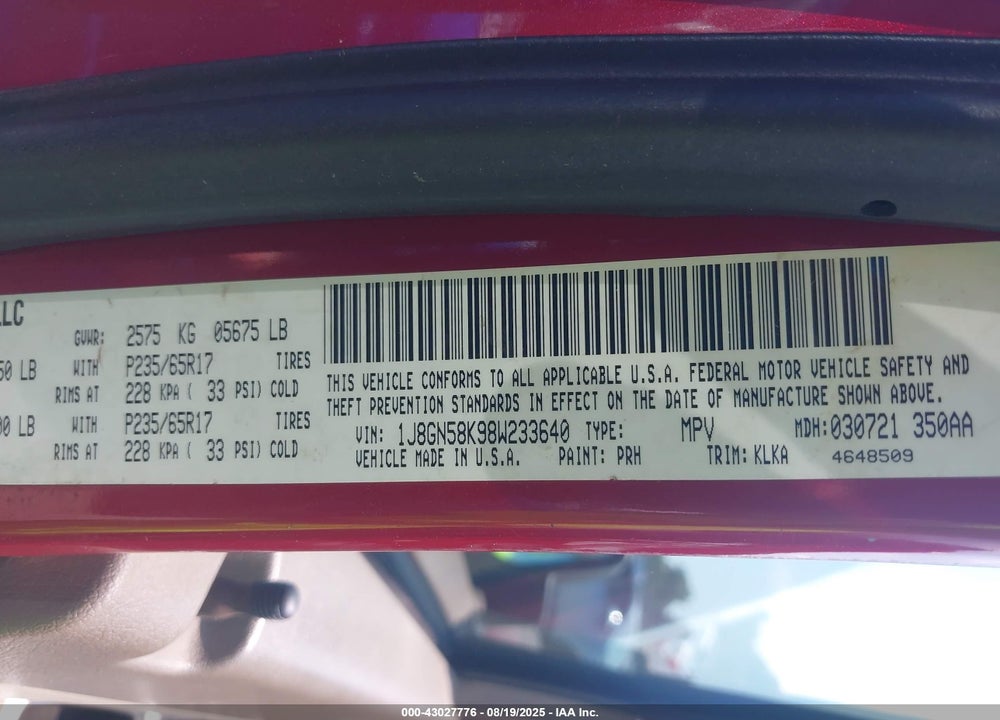 2008 JEEP LIBERTY VIN: 1J8GN58K98W233640