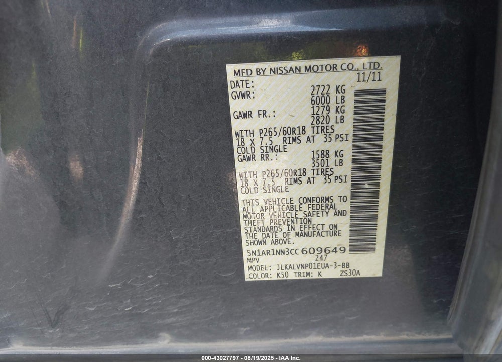 2012 NISSAN PATHFINDER VIN: 5N1AR1NN3CC609649