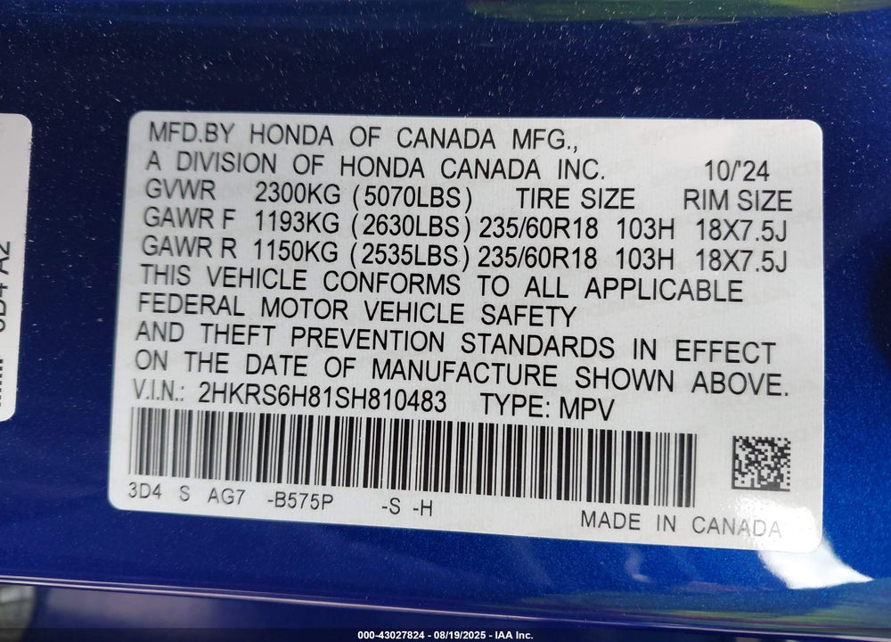 2025 HONDA CR-V HYBRID SPORT-L VIN: 2HKRS6H81SH810483