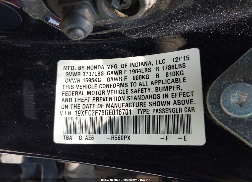 2016 HONDA CIVIC VIN: 19XFC2F75GE016701