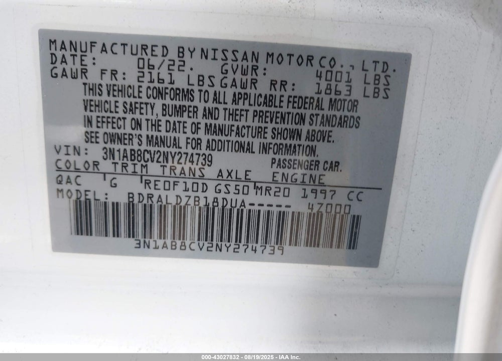 2022 NISSAN SENTRA SV XTRONIC CVT VIN: 3N1AB8CV2NY274739