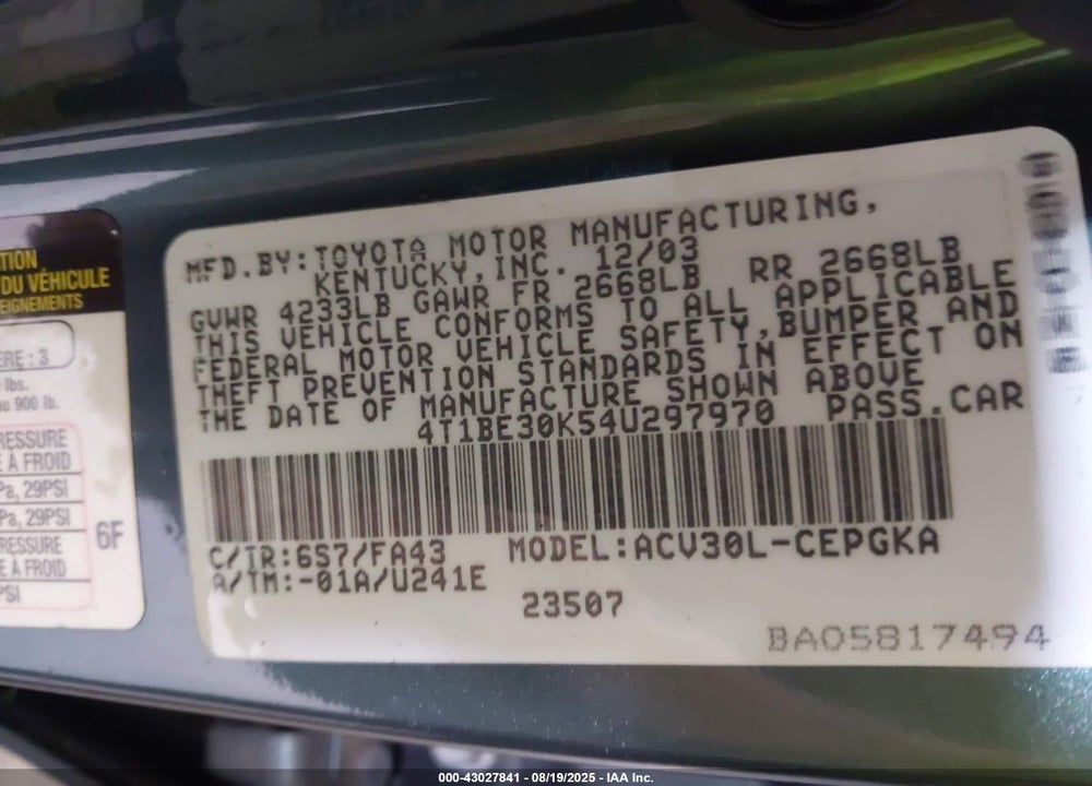2004 TOYOTA CAMRY XLE VIN: 4T1BE30K54U297970