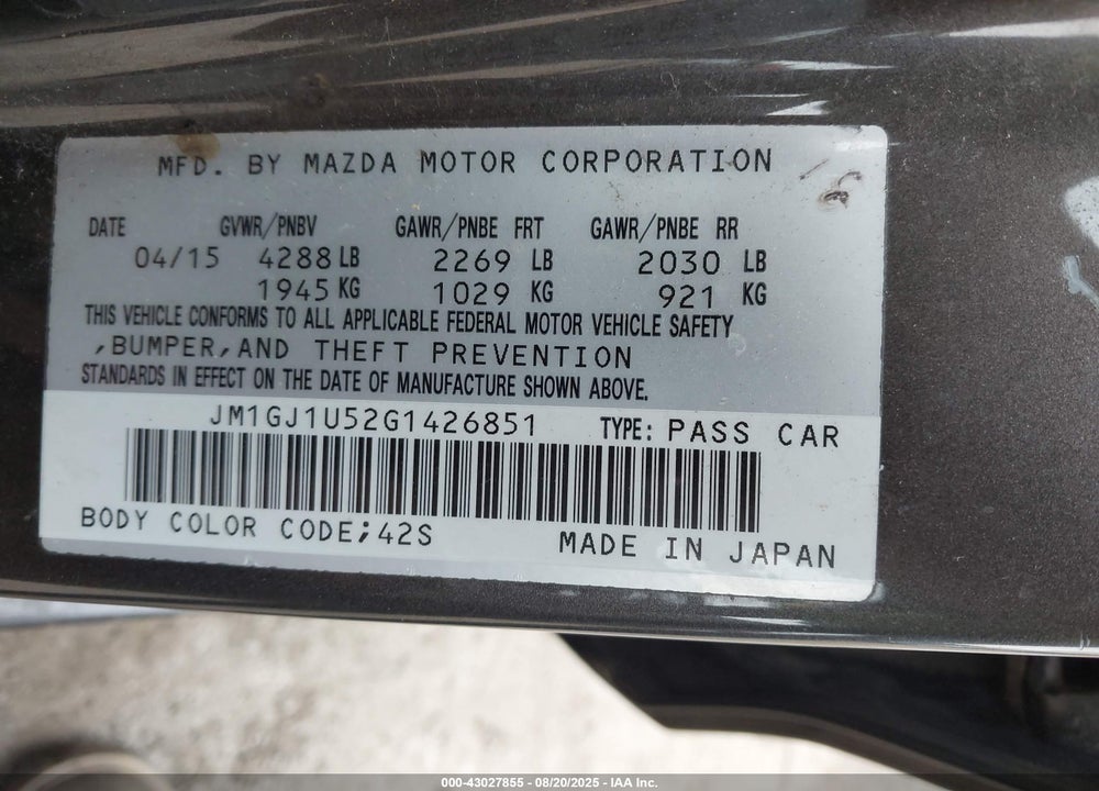 2016 MAZDA 6 VIN: JM1GJ1U52G1426851