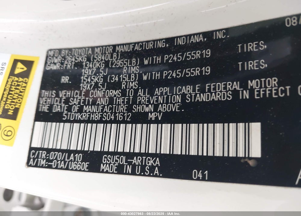 2015 TOYOTA HIGHLANDER VIN: 5TDYKRFH8FS041612