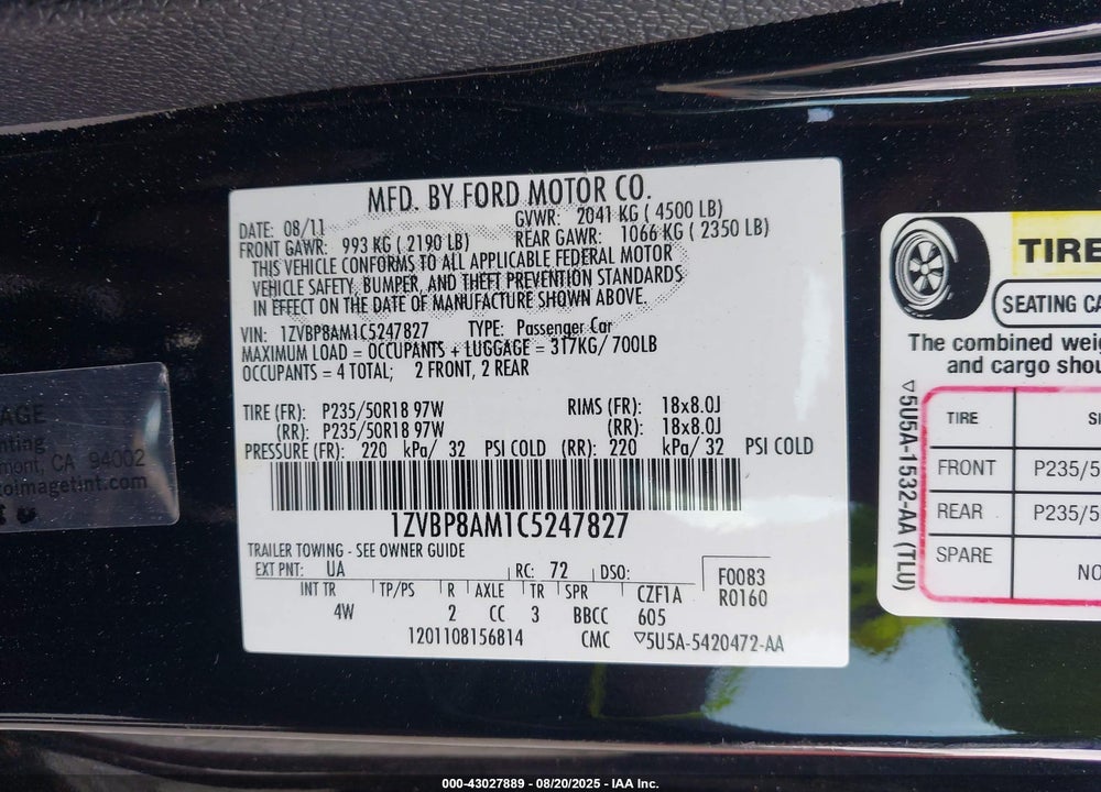 2012 FORD MUSTANG VIN: 1ZVBP8AM1C5247827