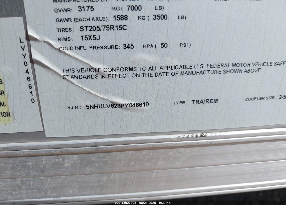 2023 CONTINENTAL TRAILER VIN: 5NHULV623PY046610
