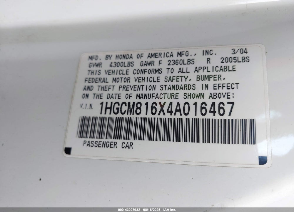 2004 HONDA ACCORD 3.0 EX VIN: 1HGCM816X4A016467