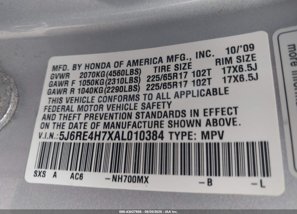 2010 HONDA CR-V VIN: 5J6RE4H7XAL010384