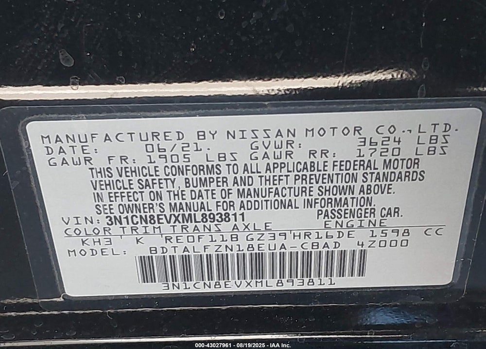 2021 NISSAN VERSA VIN: 3N1CN8EVXML893811
