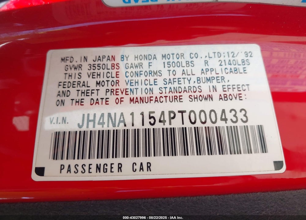 1993 ACURA NSX VIN: JH4NA1154PT000433