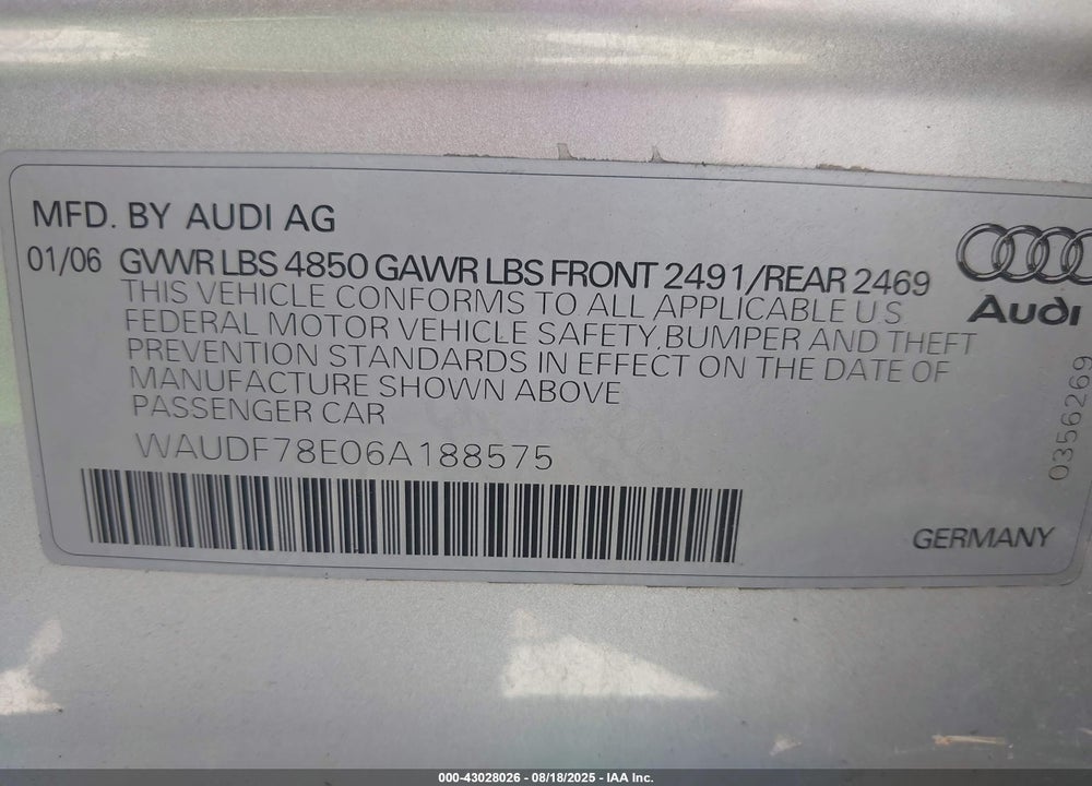 2006 AUDI A4 2.0T VIN: WAUDF78E06A188575