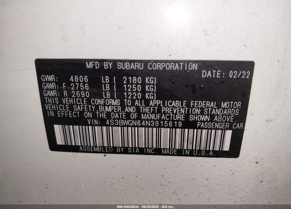 2022 SUBARU LEGACY VIN: 4S3BWGN64N3015619