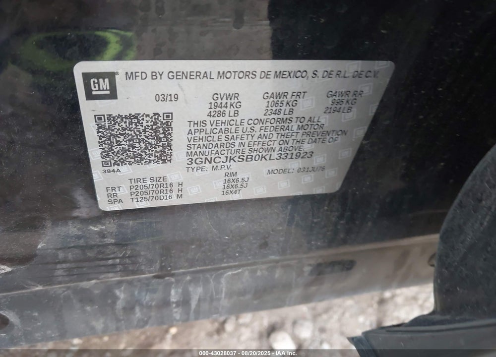 2019 CHEVROLET TRAX VIN: 3GNCJKSB0KL331923
