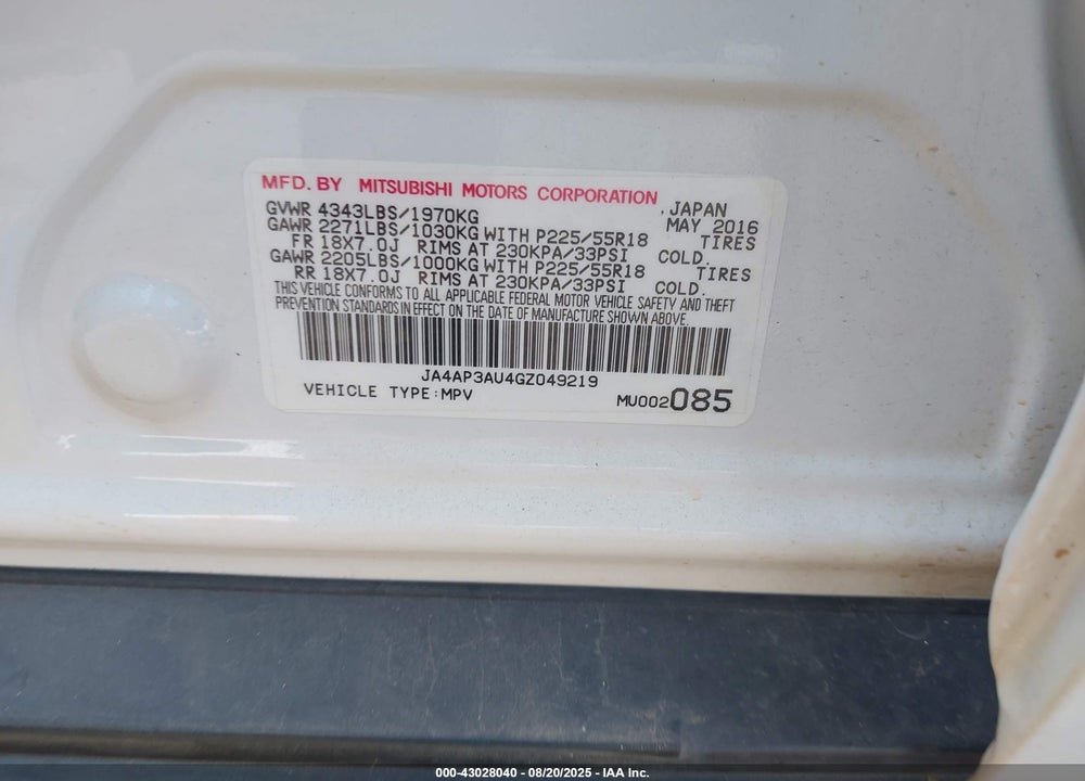 2016 MITSUBISHI OUTLANDER SPORT VIN: JA4AP3AU4GZ049219