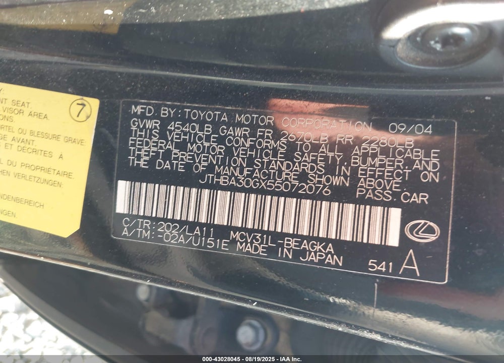 2005 LEXUS ES 330 VIN: JTHBA30GX55072076