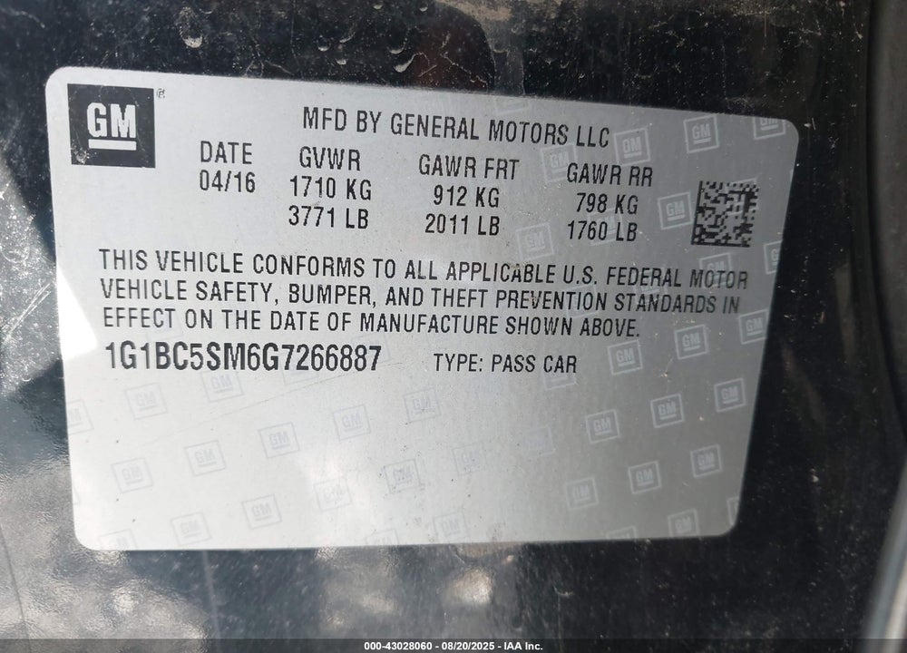 2016 CHEVROLET CRUZE VIN: 1G1BC5SM6G7266887