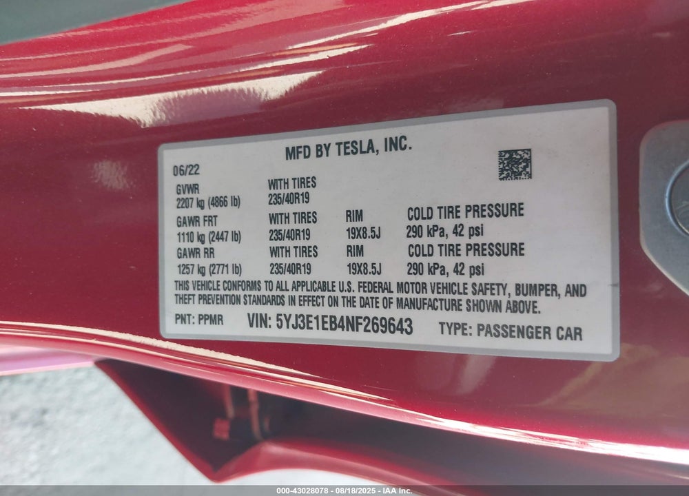 2022 TESLA MODEL 3 VIN: 5YJ3E1EB4NF269643