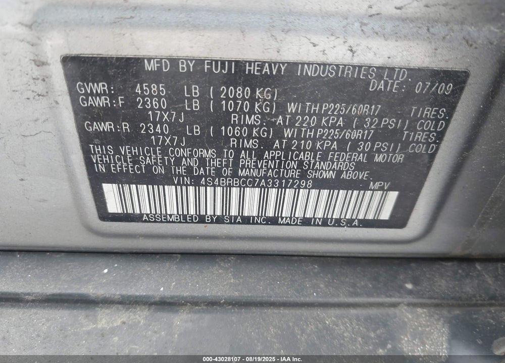 2010 SUBARU OUTBACK VIN: 4S4BRBCC7A3317298