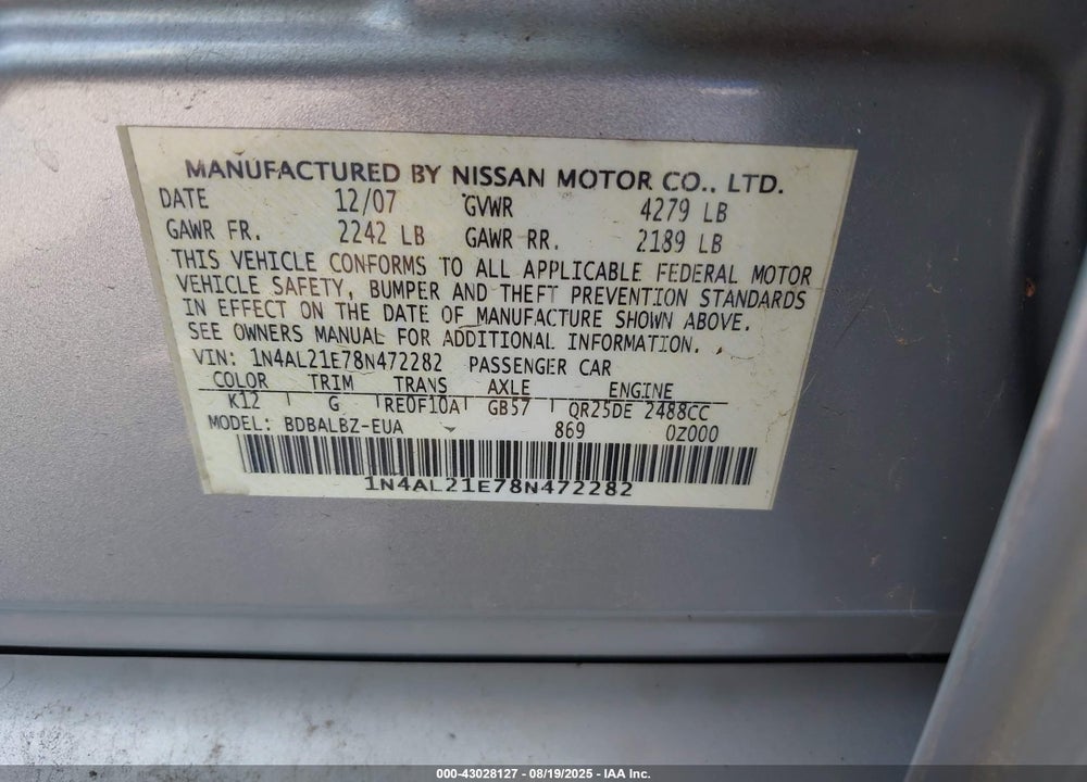 2008 NISSAN ALTIMA 2.5 S VIN: 1N4AL21E78N472282