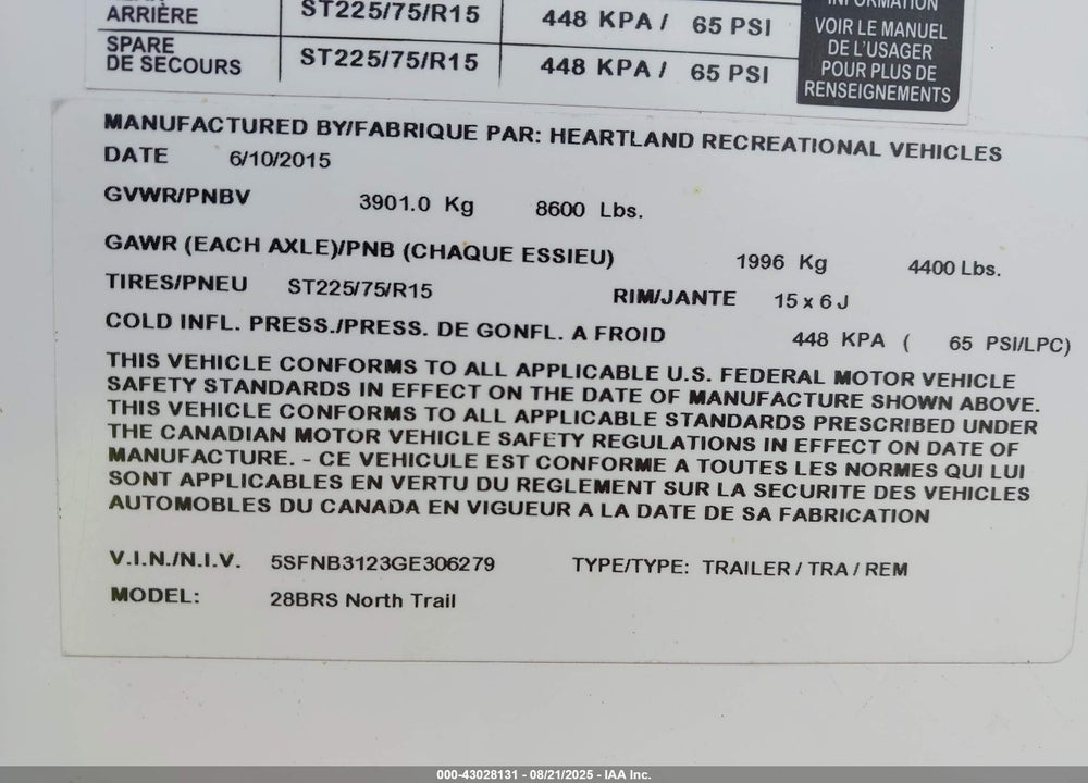 2016 HEARTLAND NORTH TRAIL VIN: 5SFN63123GE306279