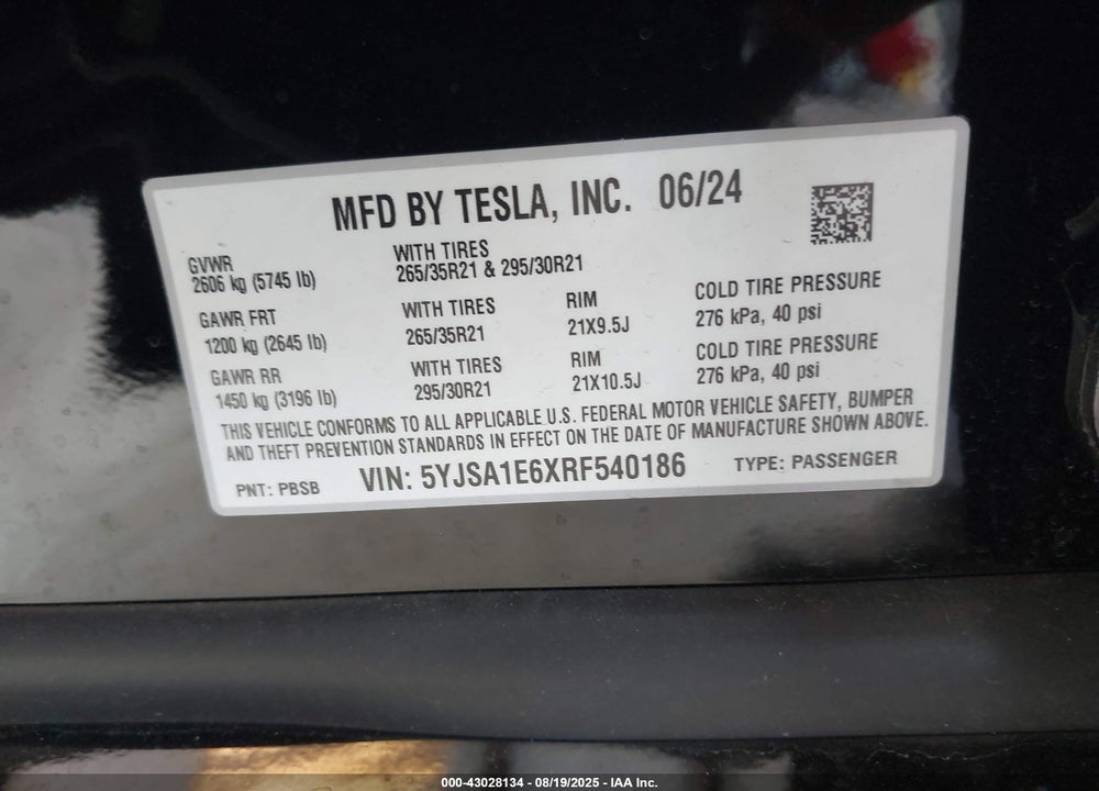 2024 TESLA MODEL S VIN: 5YJSA1E6XRF540186