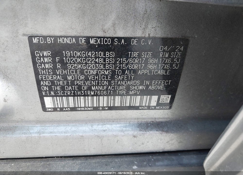 2024 HONDA HR-V VIN: 3CZRZ1H31RM760671