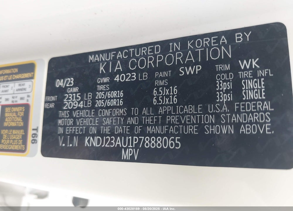 2023 KIA SOUL LX VIN: KNDJ23AU1P7888065
