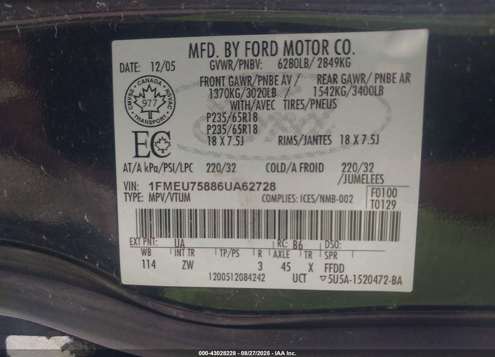 2006 FORD EXPLORER LIMITED VIN: 1FMEU75886UA62728